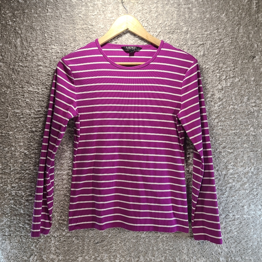 Lauren Ralph Lauren Women’s Black Label Purple White Striped Long Sleeve Shirt